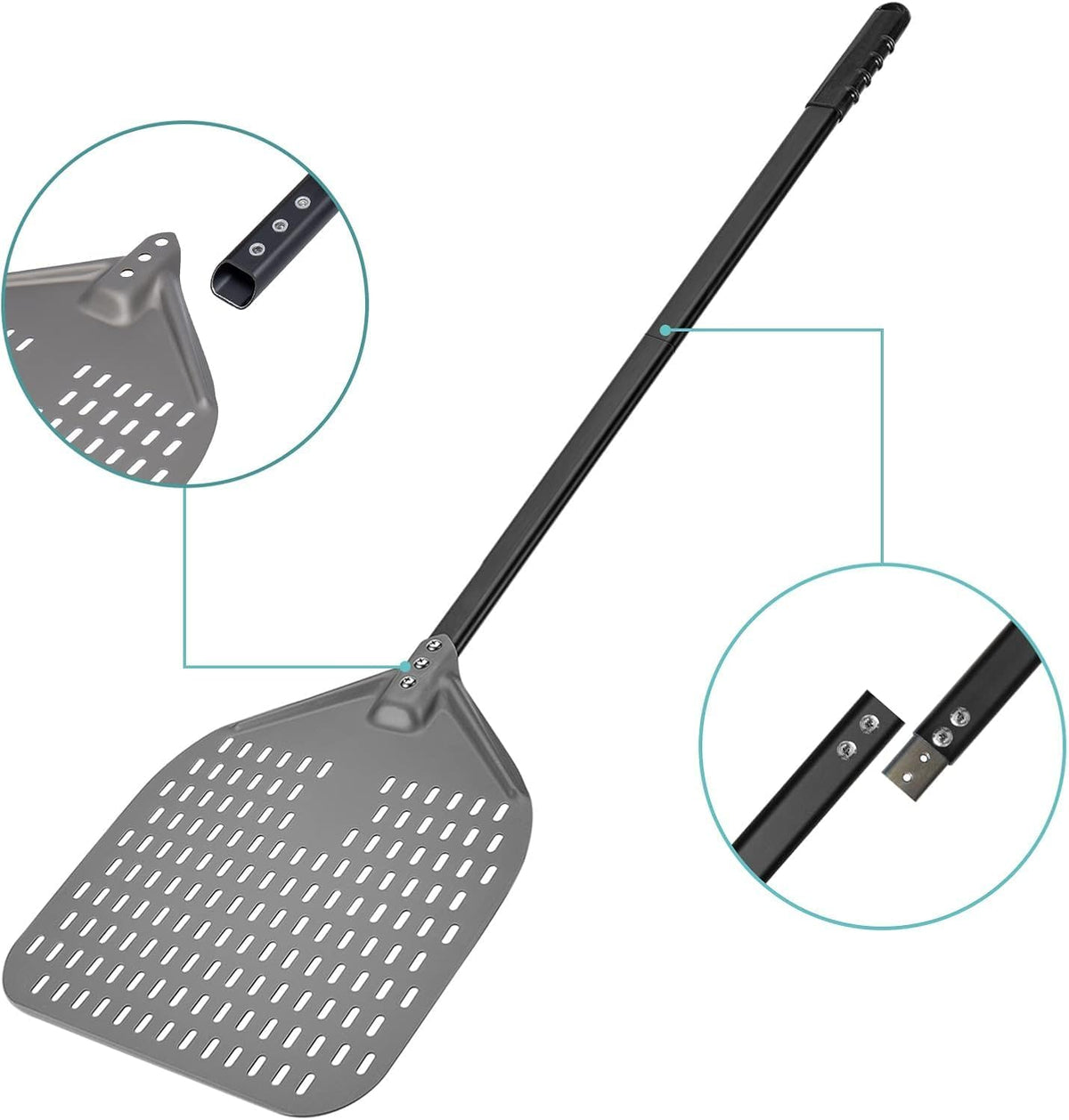 G.a HOMEFAVOR 12"x 15" Perforated Pizza Peel 47 Inch overall, Rectangular Aluminum Pizza Turning Peel with Extended Silcone Handle For Baking Pizza Brick Oven