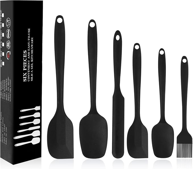 Silicone Spatulas Set of 6, Rubber Spoon Spatula Heat Resistant Spoonula One Piece Design Seamless Spatula Non-Stick Scrapers Baking Mixing Tool (Black)