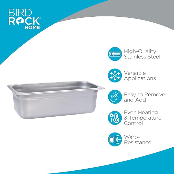 BIRDROCK HOME Stainless Steel Steam Table Pan - Hotel, Restaurant & Catering Supplies - 24 Gauge Steel, 4.1 qt Capacity - Meal Prep, Cooking, &Food Storage Container - 4" Depth, 1/3-Size (6 Pack)