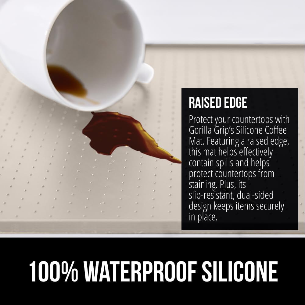 GORILLA GRIP Silicone Coffee Mat, 15x23, Espresso Drink Bar Station Accessories, Waterproof Heat-Resistant Dish Drying Mats, Stay in Place on Kitchen Counter, Home Kitchen Decor Essentials, Almond