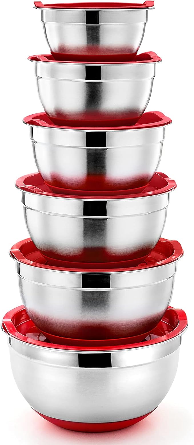 P&P CHEF Mixing Bowls With Lids, Set of 6, Stainless Steel Nesting Mixing Bowls & Fitting Lids & Non-Slip Silicone Bottom, Ideal for Mixing, Storing, Size 0.7/1/1.5/2.5/3/4.6 Qt, Red