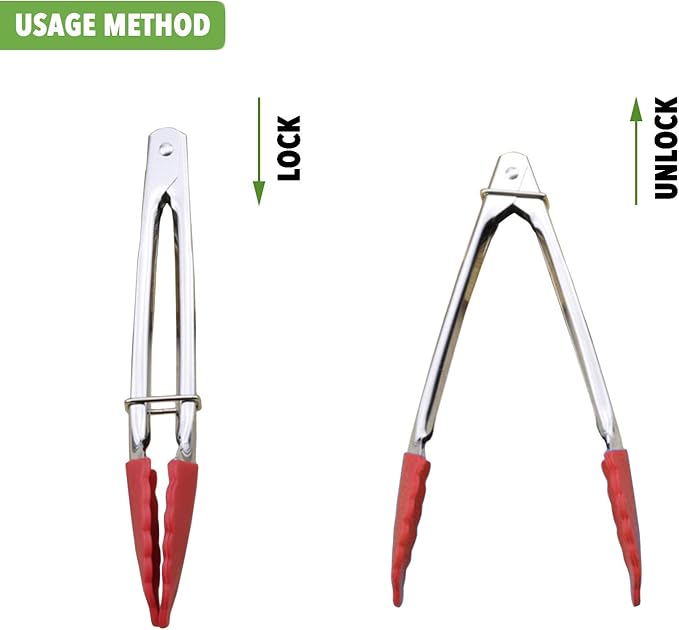 Small Tongs with Silicone Tips 7 Inch Kitchen Tongs, Set of 3 (Red)