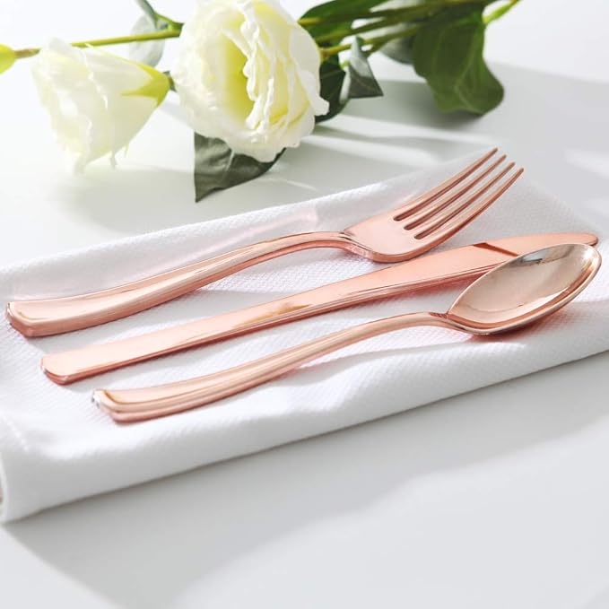 WDF 300 Pieces Rose Gold Plastic Silverware- Disposable Flatware Set - Heavy Duty Plastic Cutlery Includes 100 Forks, 100 Spoons, 100 Knives Perfect for Wedding, Party