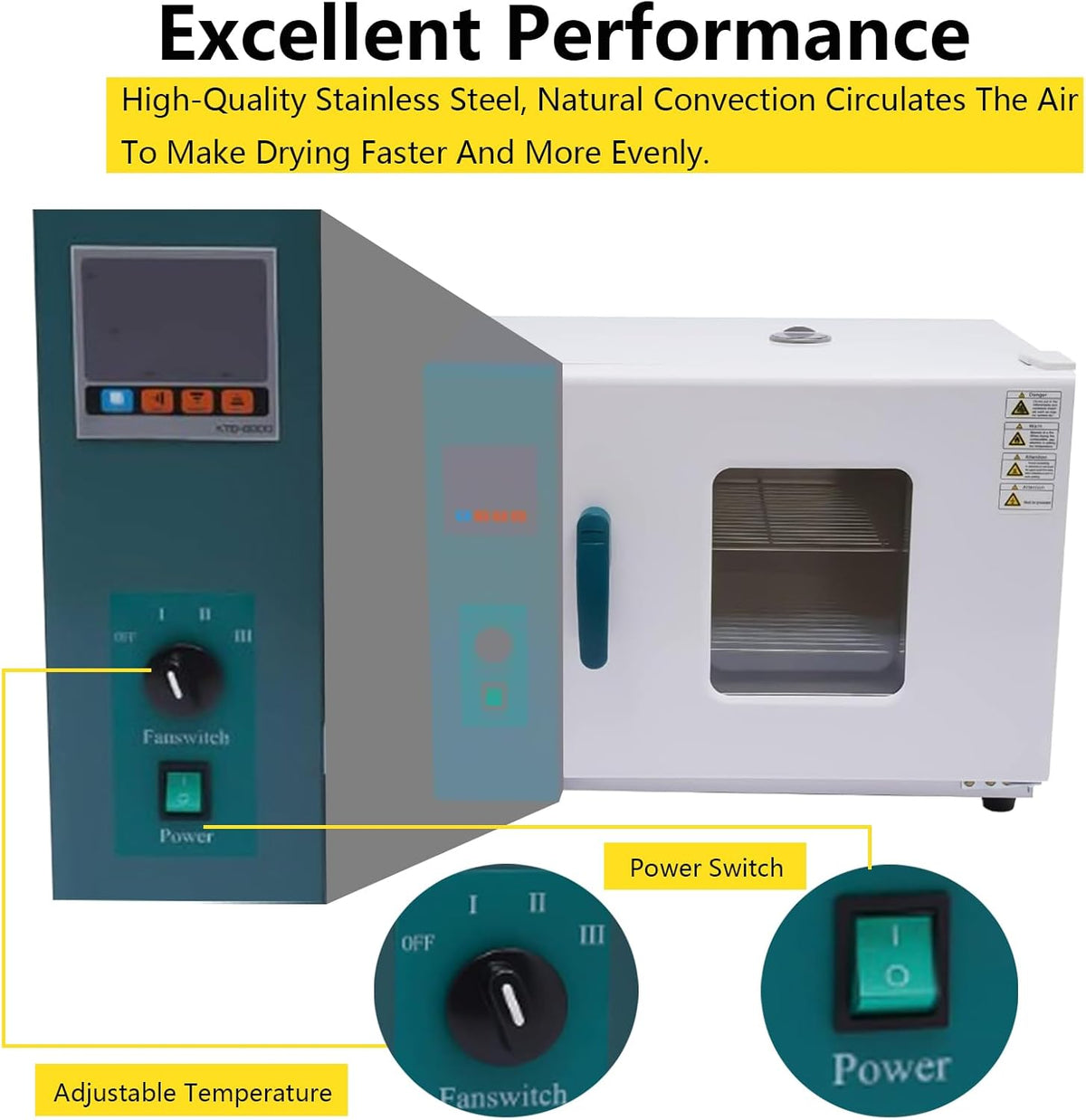 Digital Forced Air Convection Drying Toaster Oven Oven Heat 45L Industrial Lab Temperature Control Adjustable Fan Speed 110V 1500W, Stainless Steel,(350mm*350mm*350mm Chamber)
