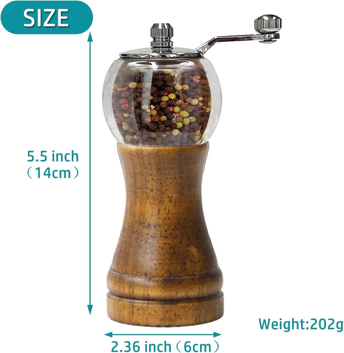 Pepper Mill Set，Manual Pepper Mills, Classical Hand Shake Wooden Pepper Grinder Set，Salt Mills，Wooden Pepper Mill，Ceramic Blades Metal Handle，Enjoy Fresh Ground Pepper (Walnut color 2pcs-6in)