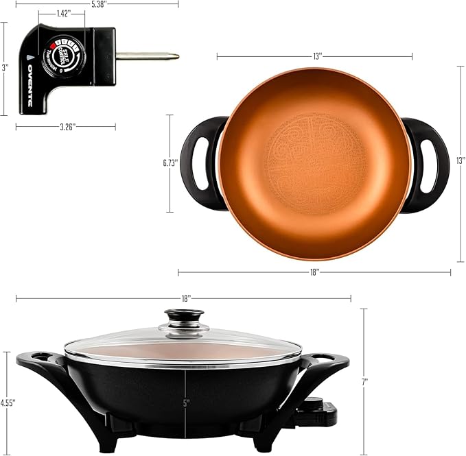 OVENTE Electric Wok with Nonstick Coating, 13 Inch Family-Sized Skillet, 1400W Power, Adjustable Temperature, Tempered Glass Lid, Cool Touch Handles and Easy to Clean Frying Surface, Copper SK3113CO