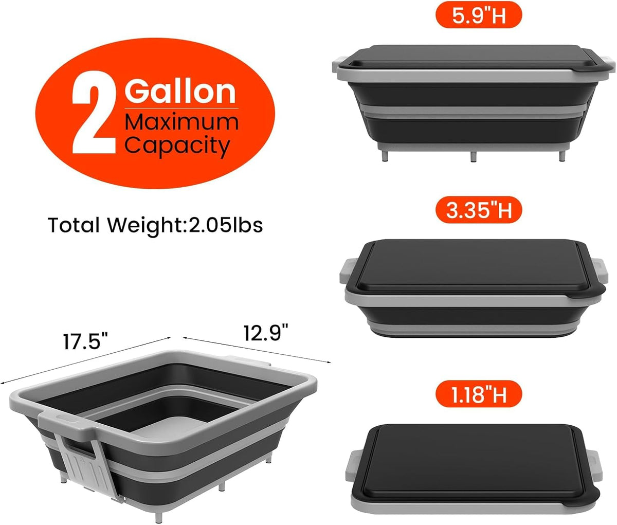 Collapsible BBQ Prep Tub with Lid — 2 Gal (8 L) Foldable Camping Sink & Colander, 4-in-1 Marinating Tub, Cutting Board, Serving Tray & Drink Chiller for Picnic, BBQ & Outdoor