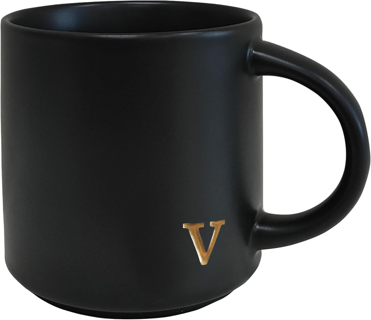 COLLECTIVE HOME - Black Monogram Ceramic Mugs, 15 oz Golden Initial Coffee Cups, Elegant Alphabet Tea Mugs, Personalized Halloween Mug with Gift Box, Perfect for Office and Home Décor (v)