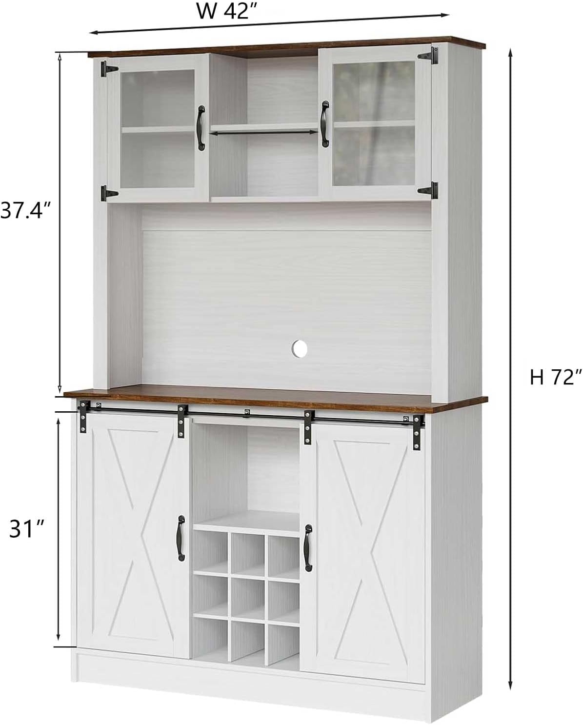4ever2buy Farmhouse Coffee Bar Cabinet with Sliding Barn Doors, 72'' Hutch Cabinet with Storage, White Bar Cabinet with Glass Doors and Wine Rack, Tall Wine Bar for Living Dining Room