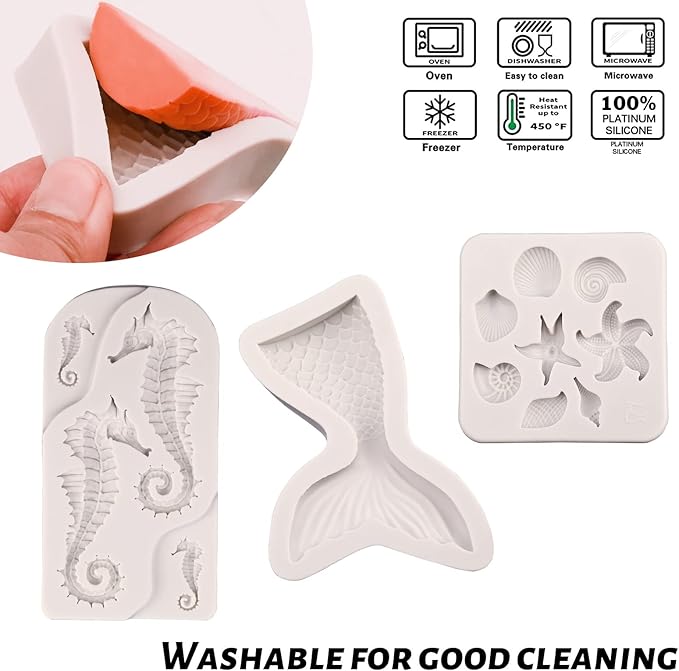 SAKOLLA Mermaid Theme Cake Fondant Mold - Seahorse Seashell Starfish Mermaid Tail Silicone Mold for Cake Decoration, Chocolate, Candy, Polymer Clay, Cupcake Decor, Sugar Craft