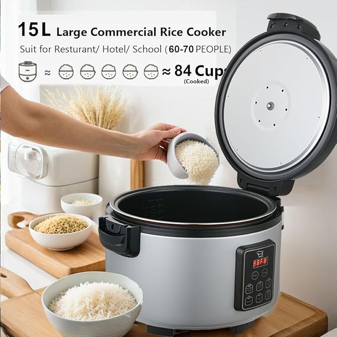 15L Commercial Rice Cooker & Warmer (84 Cup Cooked, 15.8 QT) Smart Large Rice cooker 6 Rice Cook Functions 24-Hr Delay Timer | LED Display | Auto Keep Warm | Non-Stick Inner Pot