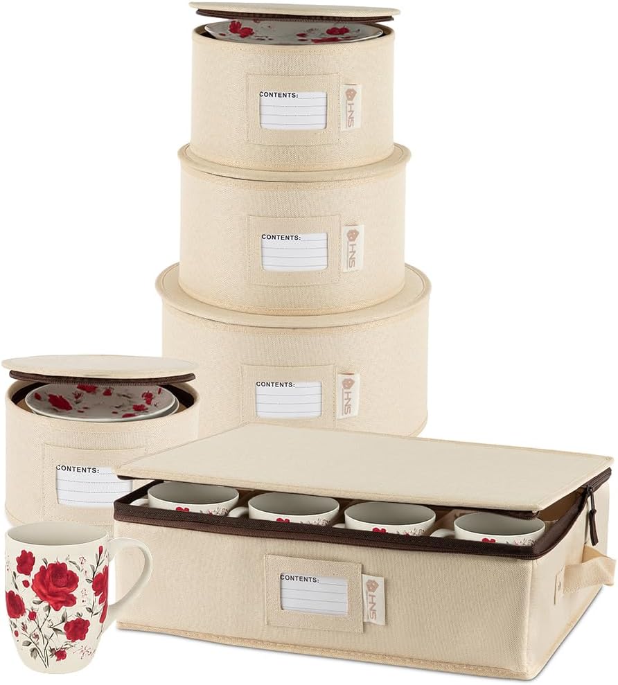 Hard Shell China Storage Containers 5-Piece Set Moving Boxes for Dinnerware, Glasses, Plates, Mugs and Saucers Sturdy Dish Organizer with Dividers for Seasonal Storage - Service for 12 - Beige