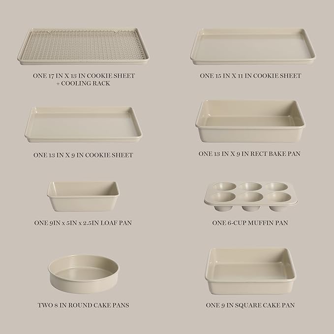 Martha Stewart Gallen 10 Piece Baking Pans Ceramic PFA Free Non Toxic Non Stick Bakeware Set - Taupe