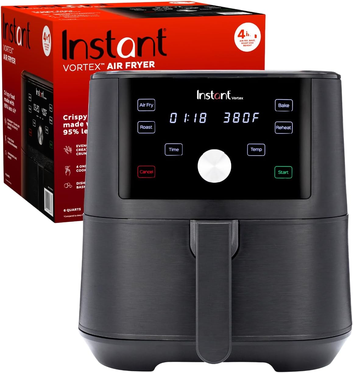 Instant Pot Vortex 6QT XL Air Fryer, 4-in-1 Functions that Crisps, Roasts, Reheats, Bakes for Quick Easy Meals, 100+ In-App Recipes, is Dishwasher-Safe, from the Makers of Instant Pot, Black
