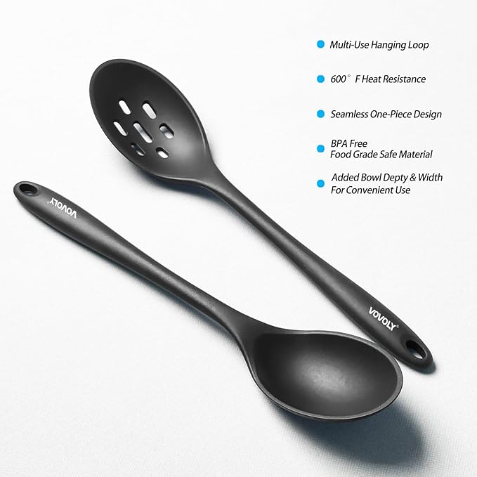 Silicone Spoons for Cooking - Extra Large Kitchen Spoons for Mixing, Serving, & Stirring - 600°F Heat-Resistant Non Stick Utensils Ladle - Dishwasher Safe, Solid,Black