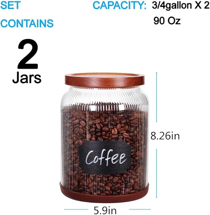SAIOOL 2-Pack Striped Borosilicate Glass Airtight Canisters - Big mouth Large Capacity, Acacia Wood Lid, Food Storage Jars for Flour, Pasta, Pantry Organization (3/4 Gallon （2 Striped pack）)