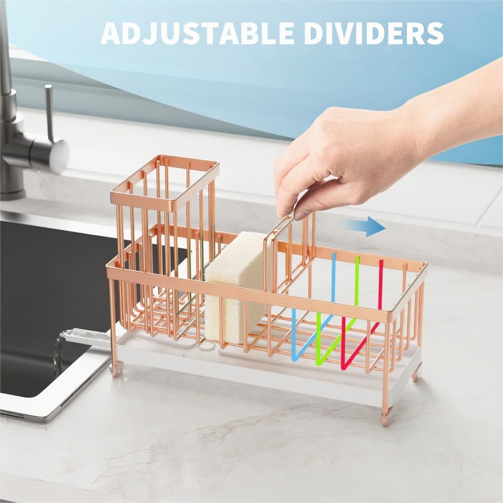 Cisily Rose Gold Sponge Holder for Kitchen Sink, Sink Caddy Organizer with High Brush Holder, Kitchen Countertop Organizers and Storage Essentials, Rustproof 304 Stainless Steel, Soap Dispenser