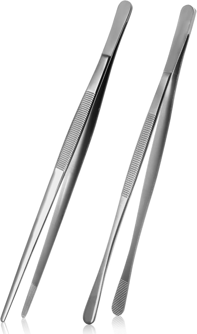 Litoexpe 2 PCS 10 Inches Fine Tweezer Tongs, Stainless Steel Cooking Tongs for BBQ Sea Food Repairing Serving, Silver