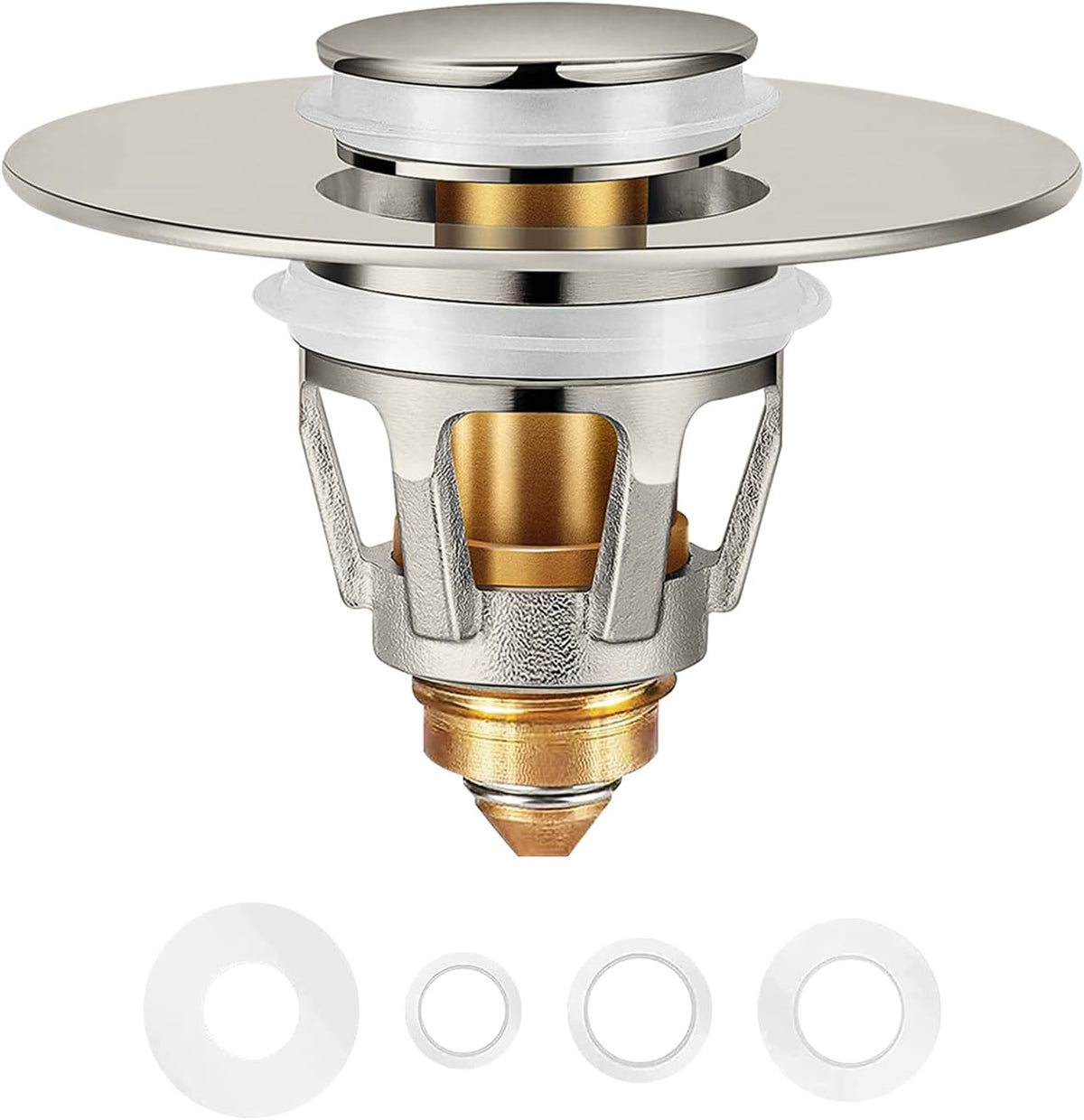 Universal Bathroom Sink Stopper in Brass, 1.04-1.97 Inch Pop Up Basin Sink Drain Stopper, Sink Drain Strainer with Anti Clogging Filter Hair Catcher, Brushed Nickel