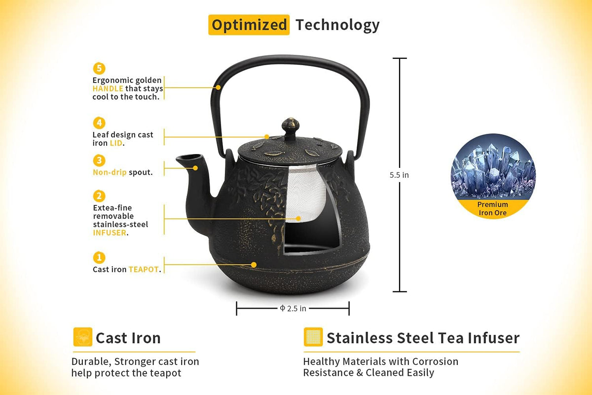 Toptier Mini Little Teapot, Super Small Cast Iron Teapot for Stove Top, Palm-Sized Japanese Stovetop Safe Tea Kettle with Infuser for 11 oz, Black