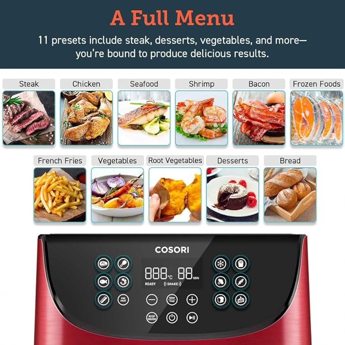 COSORI Air Fryer 5.8QT Oil-Free XL Electric Hot Air Fryers Oven, Programmable 11-in-1 Cooker with Preheat & Shake Reminder, Equipped Digital Touchscreen and Nonstick Basket, 100 Recipes, Red