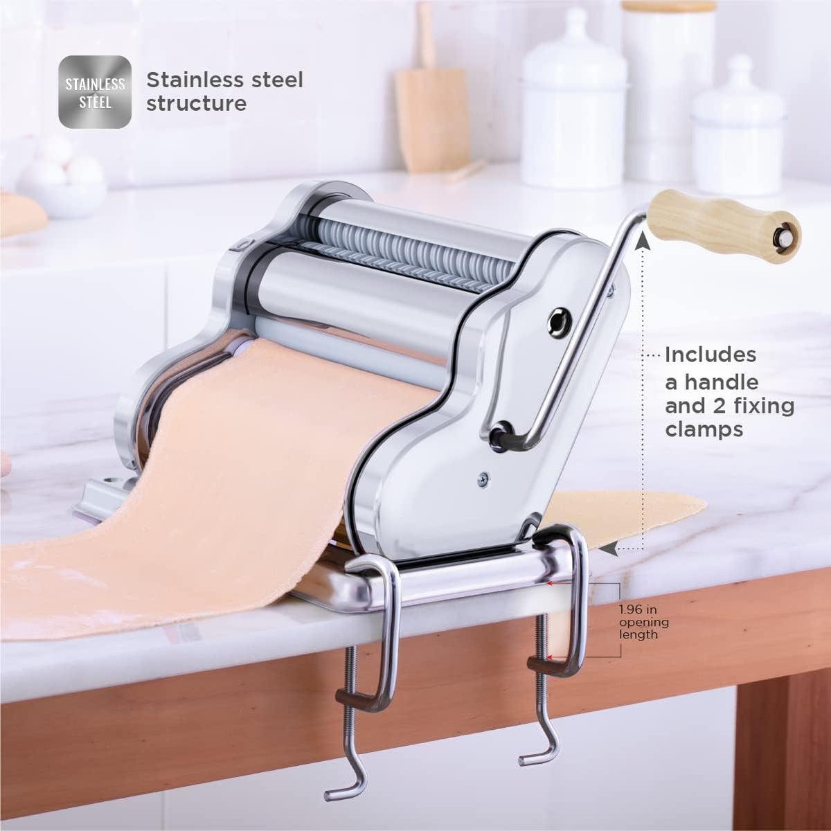 PASTALINDA Classic 260 Pasta Maker Machine, 26 cm Wide Rollers, 9 Thickness Positions, 2 Cutting Positions, Stainless Steel. Includes Reinforced Hand Crank And Two Clamps (Chrome)