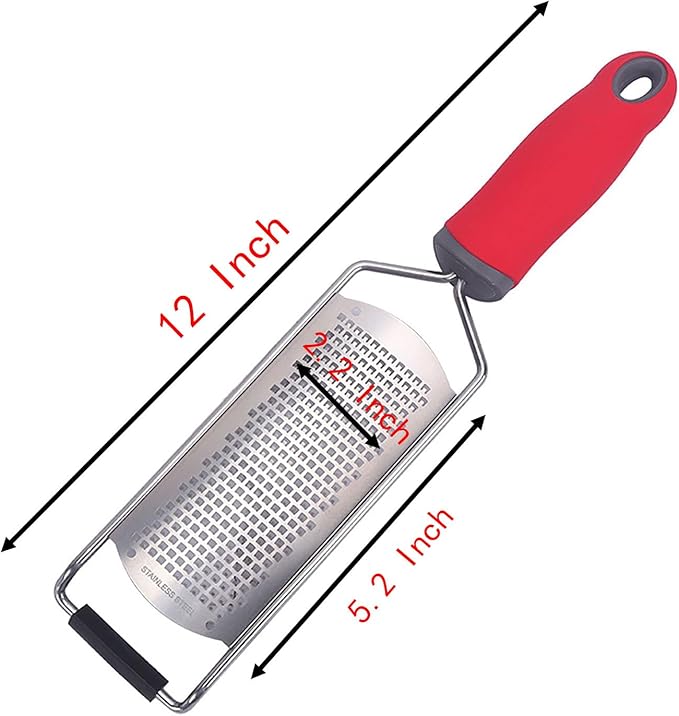 Heavy Duty Cheese Grater, 5.2 Inch x 2.2 Inch Wide Blade Stainless Steel Grater with Rubber Handle for Vegetables, Cheese and Lemon (Red)