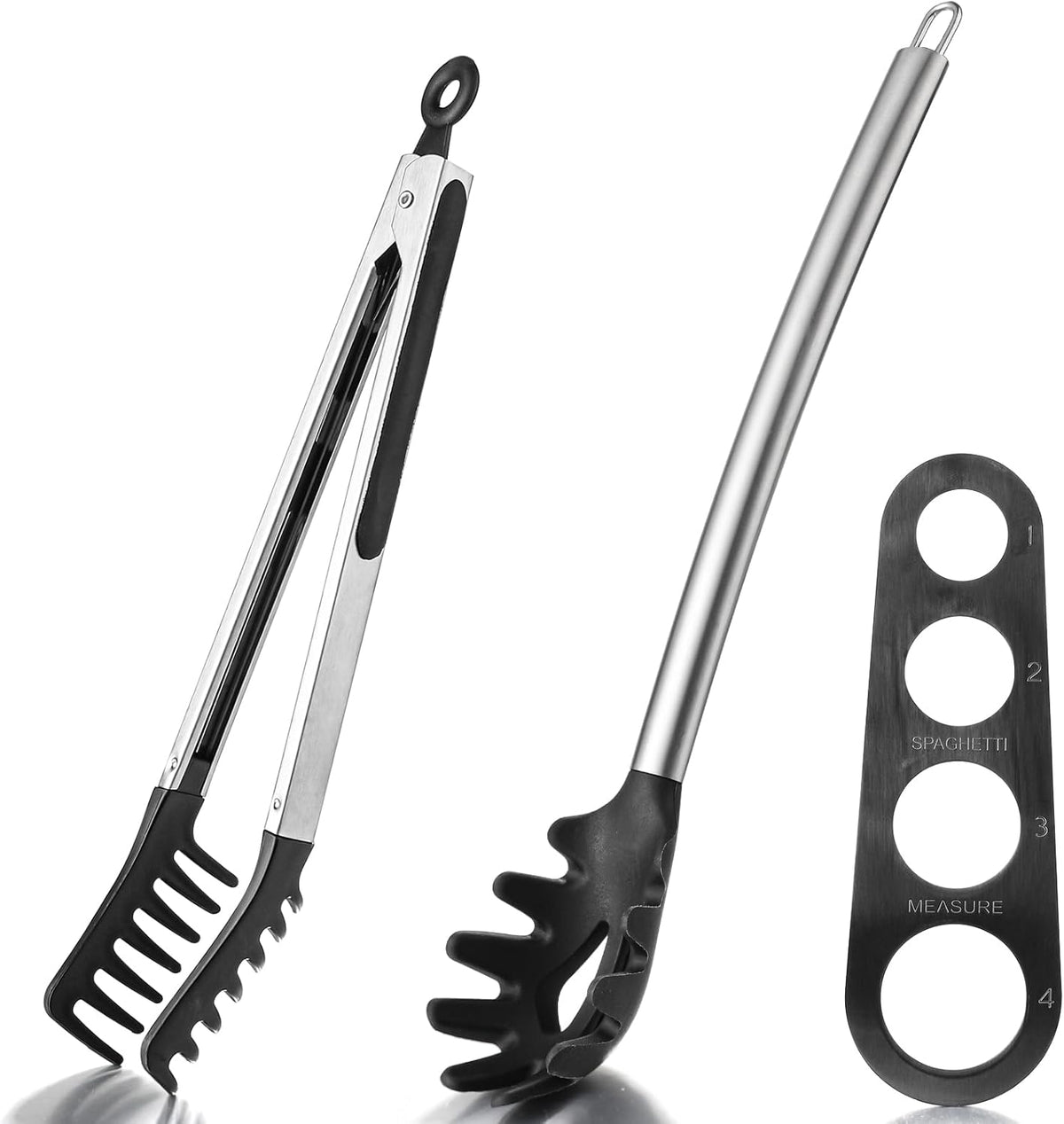 Spaghetti Spoon and Pasta Tong Set, Silicone Pasta Fork with Stainless Steel Handle and Pasta Measuring Instrument, Toothed Pasta Spoon, Pasta Cooking Tool