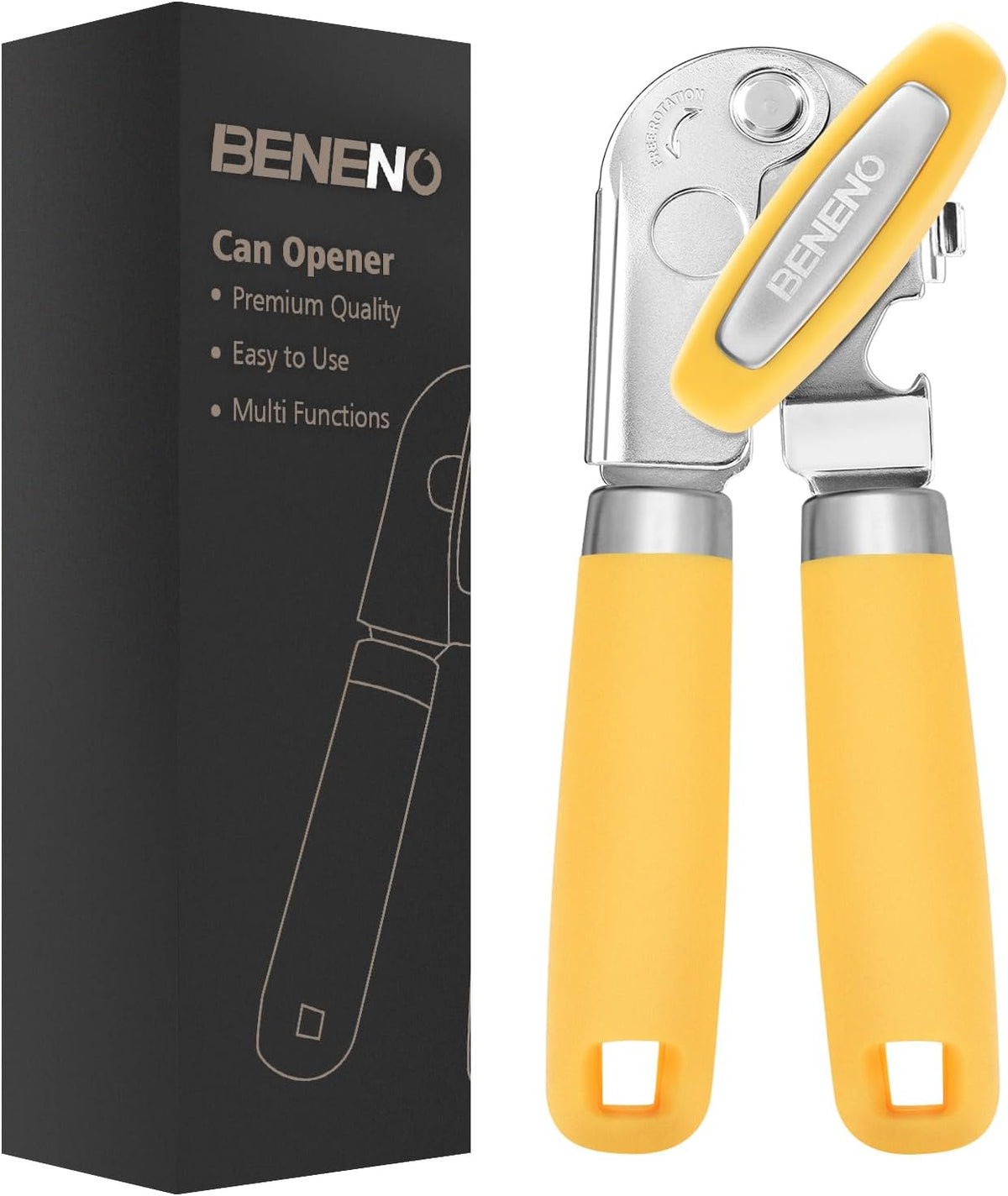 Beneno Can Opener Manual with Magnet, Hand Held Heavy Duty Can Opener with Durable Sharp Blade Smooth Edge, Big Effort-Saving Knob, Soft Grip Rubber Handle, Multifunctional Bottle Opener, Yellow