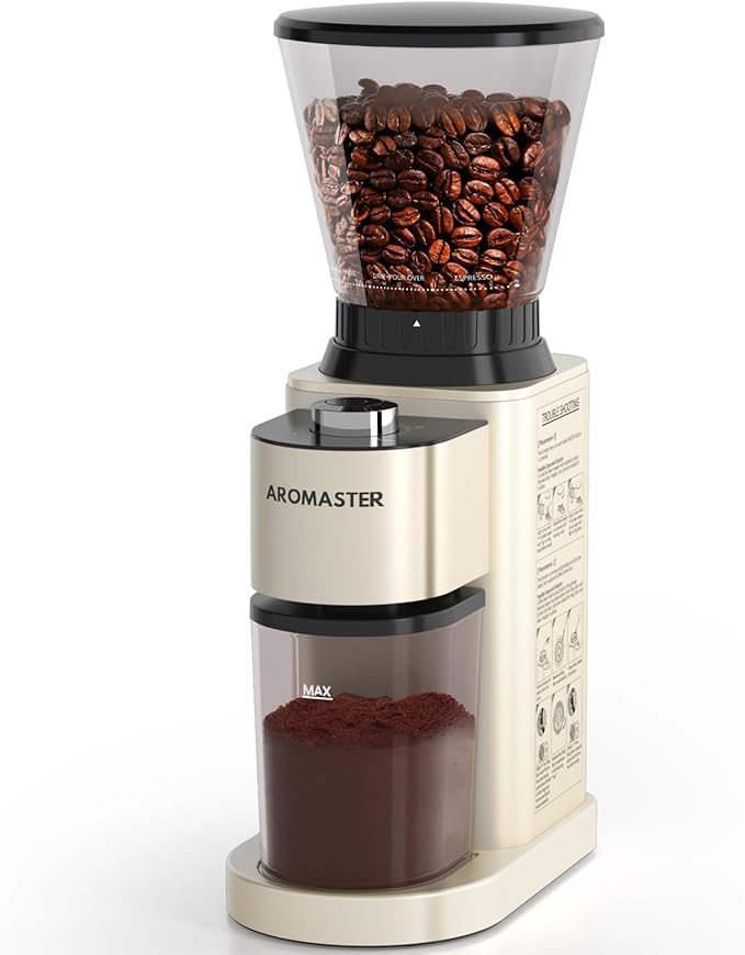 Aromaster Coffee Bean Grinder with 48 Gind Settings, Conical Burr Coffee Grinder for Home Use,Stainless Steel,40 Seconds Adjustable Timer,Anti-static,Easy to Clean with Brush,Beige