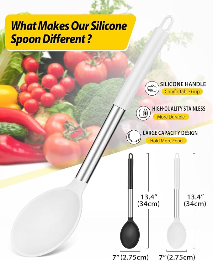 Pack of 2 Large Silicone Cooking Spoon Non Stick Solid Basting Spoons Heat-Resistant Kitchen Utensils for Mixing Serving (Black-White)