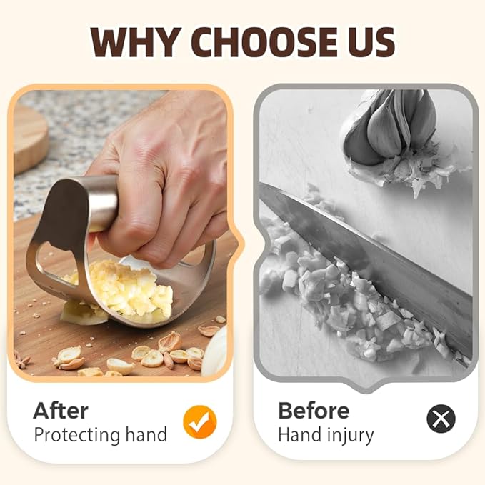 Stainless Steel Garlic Press, 2025 New Arc Shape Stainless Steel Ring Garlic Chopper, Garlic Presse Rocker Garlic Press Mincer Crusher Press, Kitchen Heavy Duty Handle Garlic Chopper (1)