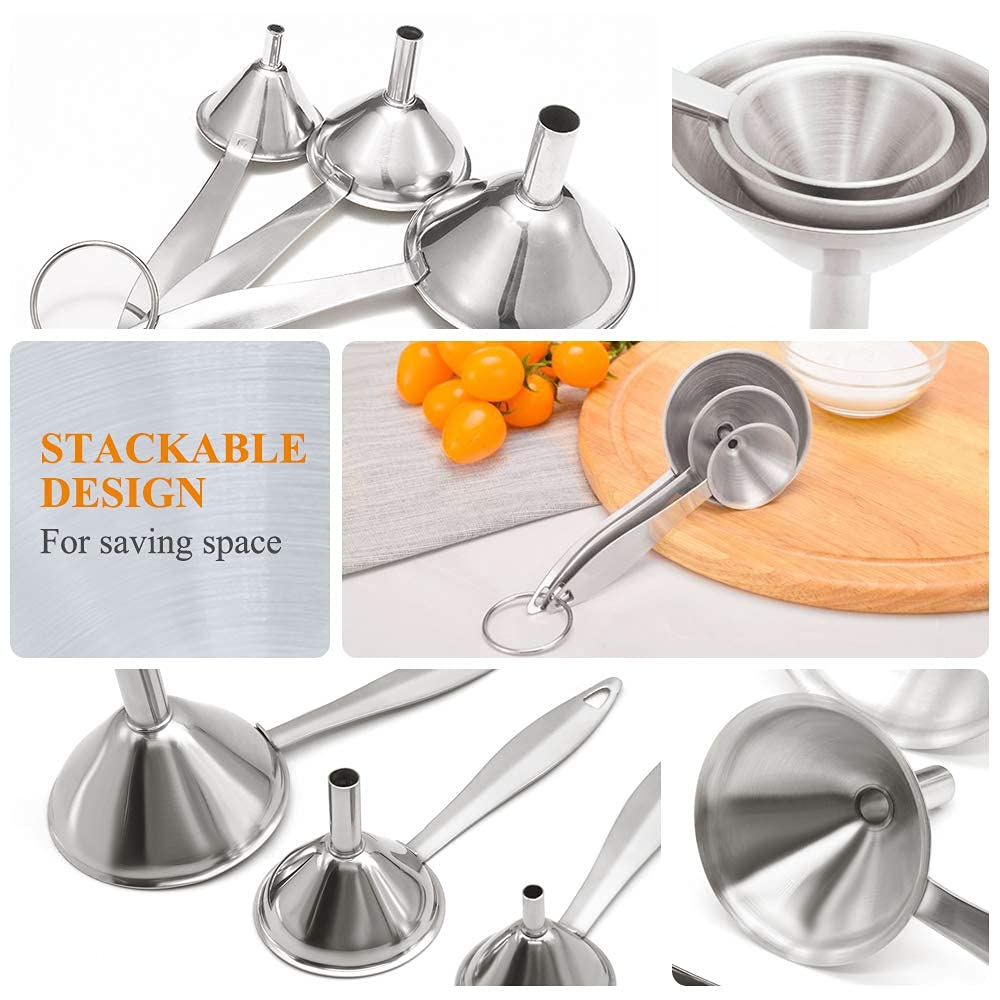 3 in 1 Metal Funnels for Filling Bottles Stainless Steel Small Kitchen Funnel Set for Transferring Essential Oils Liquid Fluid Spice Dry Ingredients Powder, Durable and Dishwash Safe