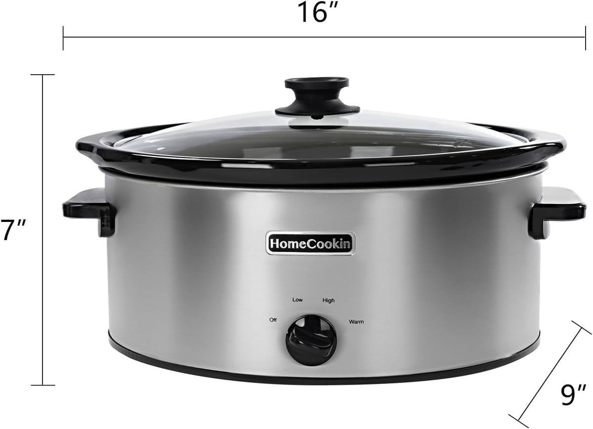 HOMECOOKIN 6 Quart Slow Cooker Oval Manual Pot Food Warmer with 3 Cooking Settings, Stainless Steel