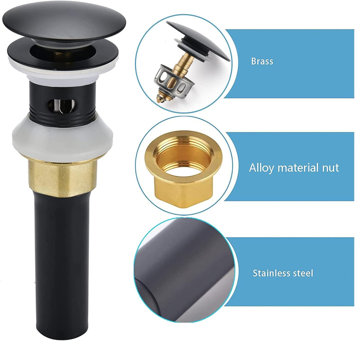 Bathroom Sink Drain,2 Pack Drain Stopper Bathroom Sink with Overflow,Pop Up Drain Assembly with Detachable Strainer Basket,Built-in Anti-Clogging Strainer,Stainless Steel Mattle Black