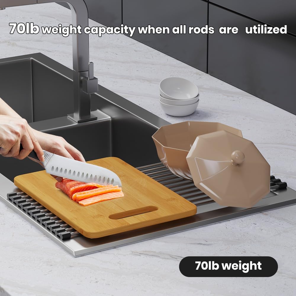 Roll Up Dish Drying Rack, Stainless Kitchen Accessories, Foldable Dish Rack, Anti-Slip Design Sink Counter Storage, Over The Sink Dish Rack, Stainless Steel, (21" x 9.1") Black