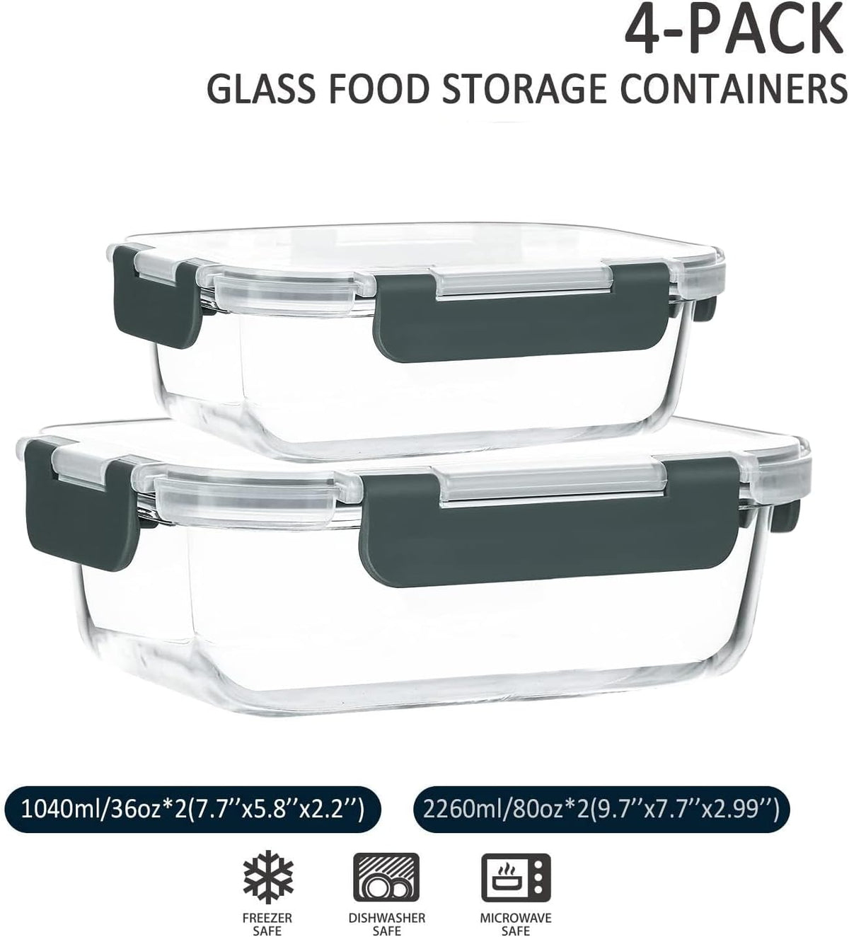 M MCIRCO [80 oz & 36 oz Extra Large Glass Food Storage/Baking Containers Set with Lids, 2 Pack 80 oz(10 cup)&2 Pack 36 oz (4.5 cup) Airtight Glass Container,Microwave,Oven,Freezer and Dishwasher