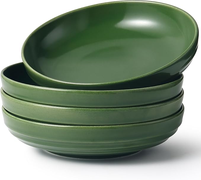 HAPPY KIT Pasta Bowls 42 Oz, Stoneware Reactive Glaze Serving Bowl Set of 4, 9'' Large Salad Bowls for Fruits, Noodle, Dinner, House-warming Wedding Present, Emerald Green