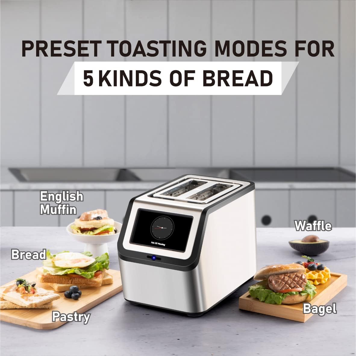 Smart Toaster, KETIAN Touch Screen 2 Slice,High-speed Automatic Settings, Bagel English Muffins Toast Pastry Waffles Bread Toaster,Stainless Steel