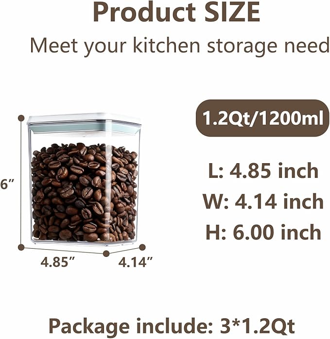 Pop Food Storage Containers Set Airtight Food Storage Containers with Pop Lids, Kitchen Pantry Organization and Storage, Cereal, Rice, Flour, Pasta & Snack Container, BPA Free, 3 x 1.2Qt