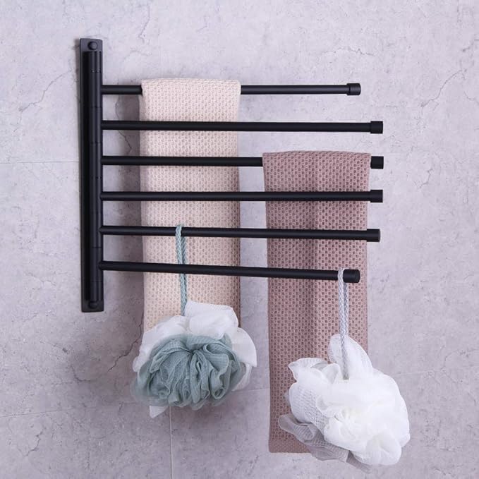 GERZWY Bathroom Swing Arm Towel Bars Wall Mount Bath Towel Rack with 6 Arms Hanger Towel Holder Organizer SUS 304 Stainless Steel Matte Black HYG06-BK