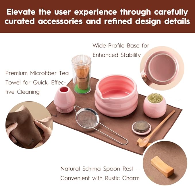 Matcha Whisk Set - Ceramic Bowl, Bamboo Whisk with Holder, Storage Canister, Sifter, Schima Spoon with Rest, Tea Towel - 8 Pcs Complete Kit for Traditional Matcha and Modern Lattes (Pink)