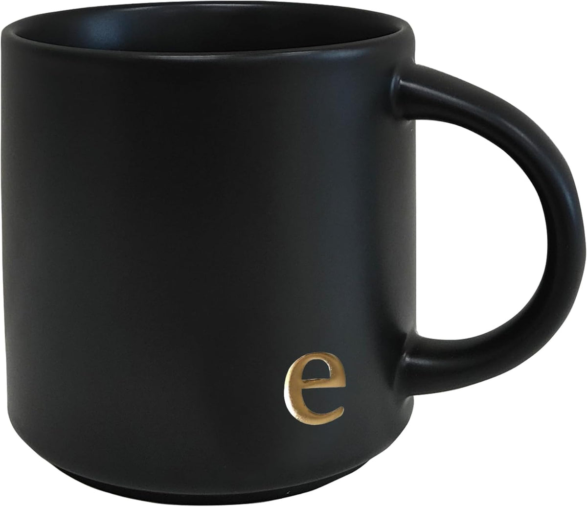 COLLECTIVE HOME - Black Monogram Ceramic Mugs, 15 oz Golden Initial Coffee Cups, Elegant Alphabet Tea Mugs, Personalized Halloween Mug with Gift Box, Perfect for Office and Home Décor (e)