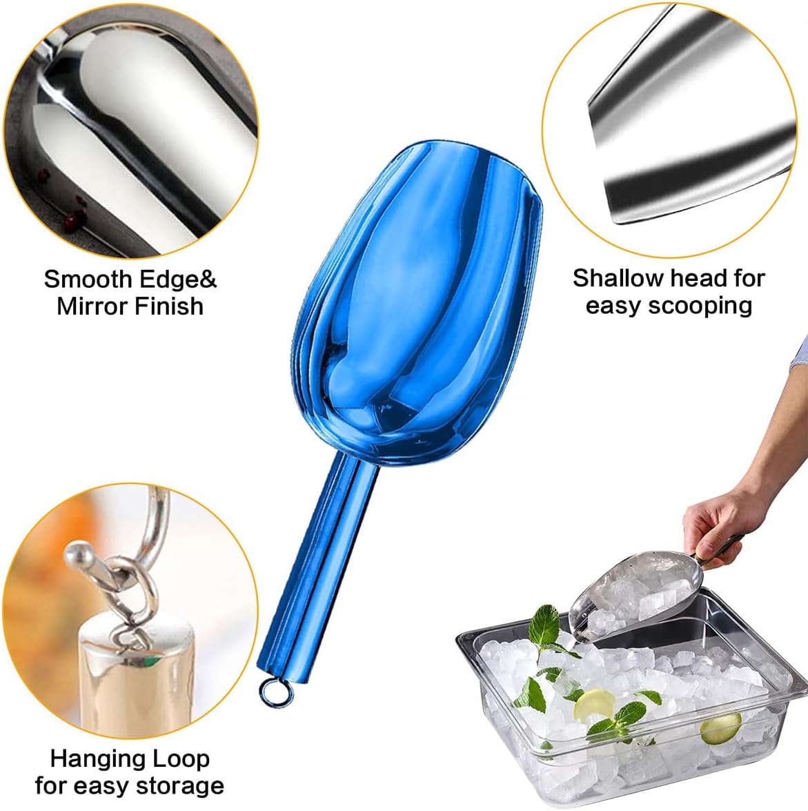 Metal Ice Scoop，Kitchen Ice Scooper for Ice Maker,Stainless Steel Small Ice Scooper for Freezer，Kitchen Gadgets Cookie Flour Pet Dog Food Scoop (Blue, 3oz)