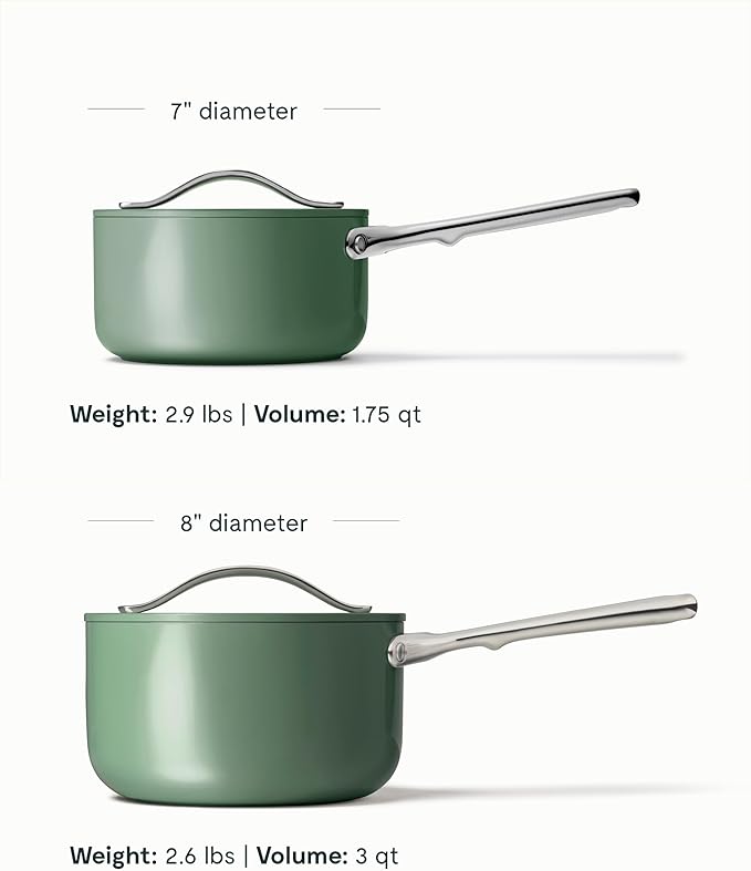 Caraway Nonstick Ceramic Sauce Pans with Lids (3 qt & 1.75 qt) - Non Toxic, PTFE & PFOA Free - Oven Safe & Compatible with All Stovetops (Gas, Electric & Induction) - Sage