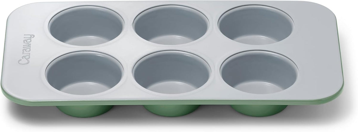 Caraway Nonstick Ceramic 6 Cup Muffin Pan – Non-Toxic, PTFE & PFOA Free – Oven Safe – Aluminized Steel Core – Small Muffin Pan for Baking Cupcakes, Muffins & More - Sage
