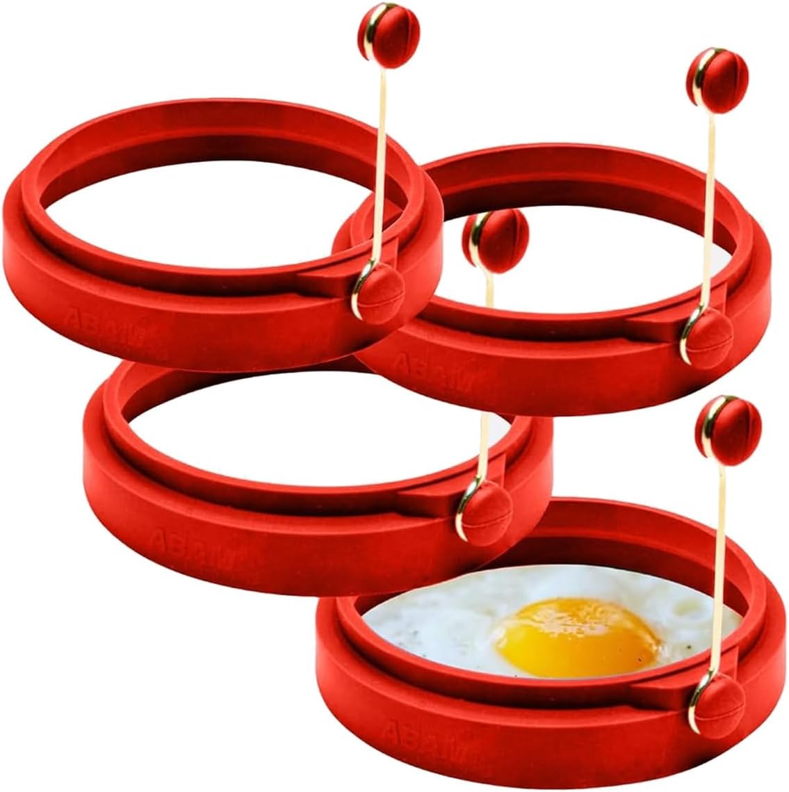 Professional 4 Inch Silicone Egg Ring, Pancake Mold Egg Mold for Breakfast Sandwiches, Omelets and More, Nonstick Ring, Round Blue (Pack of 4), Free e-Book by Abam (Red)