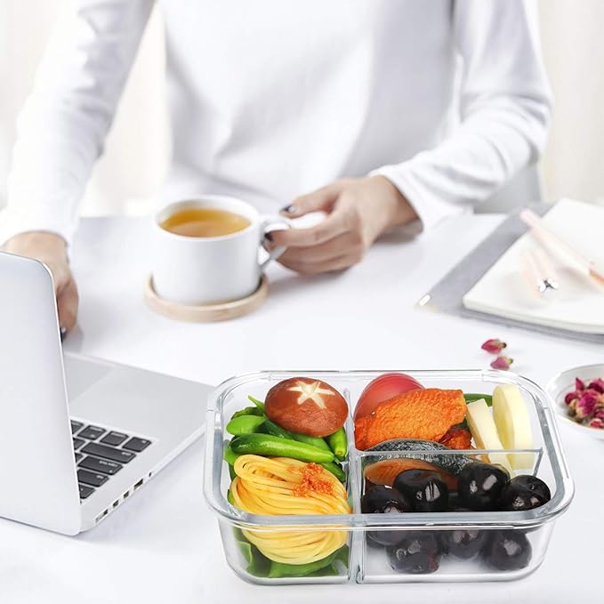 M MCIRCO [5-Pack, 36 oz] Glass Meal Prep Containers 3 Compartment with Lids, Glass Lunch Containers,Food Prep Lunch Box,Bento Box,Microwave, Oven, Freezer, Dishwasher (4.5 Cups, Green)