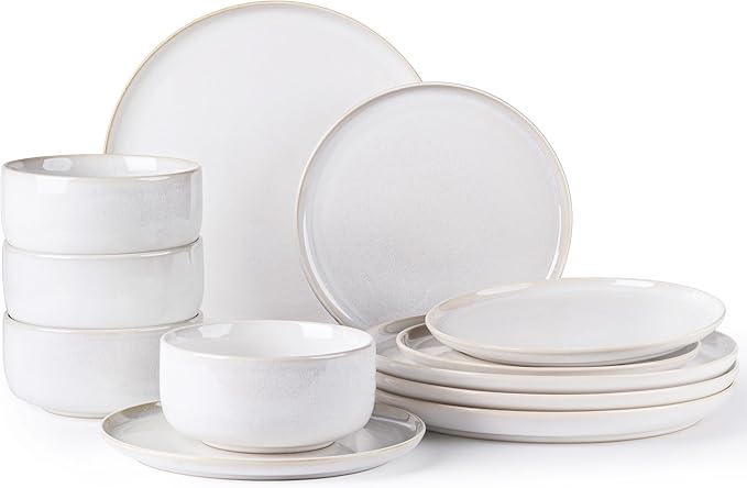 TheTerra Ceramic Dinnerware Sets for 4, 12 Pieces Handmade Reactive Glaze Plates and Bowls Set, Scratch Resistant Dish Set, Oven & Microwave & Dishwasher Safe, Star White