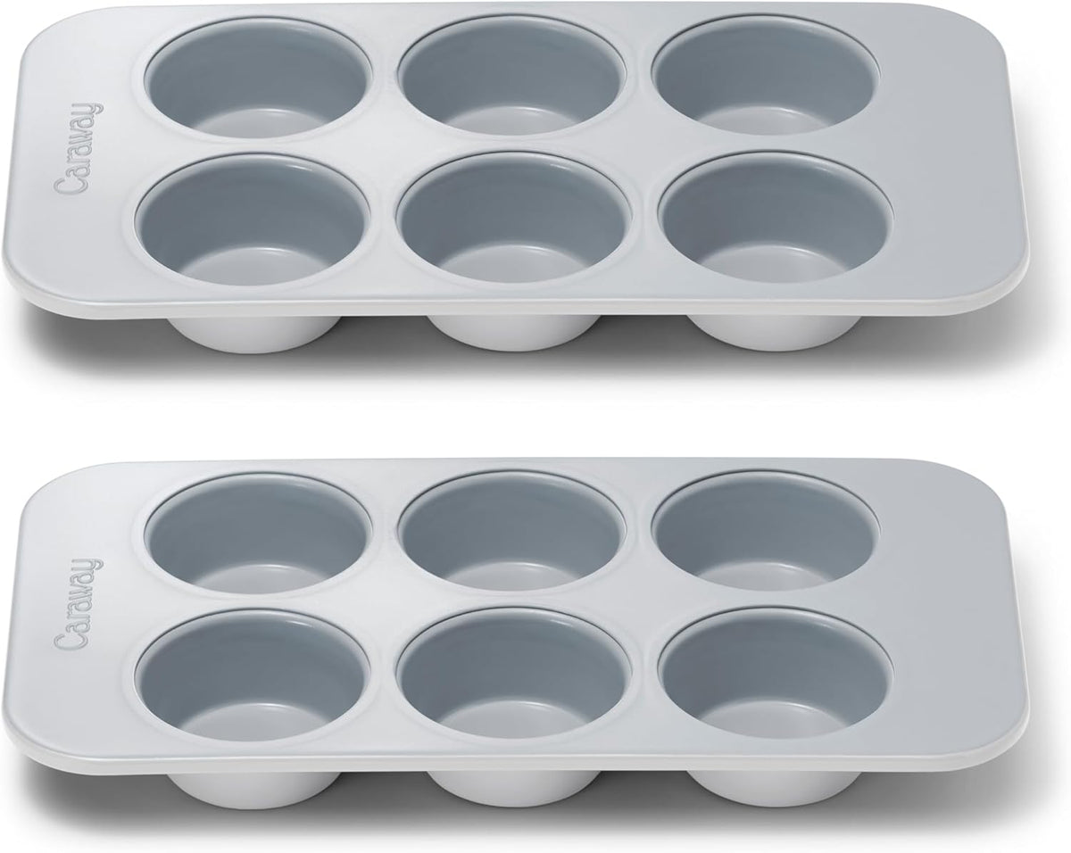 Caraway Nonstick Ceramic 6 Cup Muffin Pan Duo – Non-Toxic, PTFE & PFOA Free – Oven Safe – Aluminized Steel Core – Small Muffin Pan for Baking Cupcakes, Muffins & More - Gray